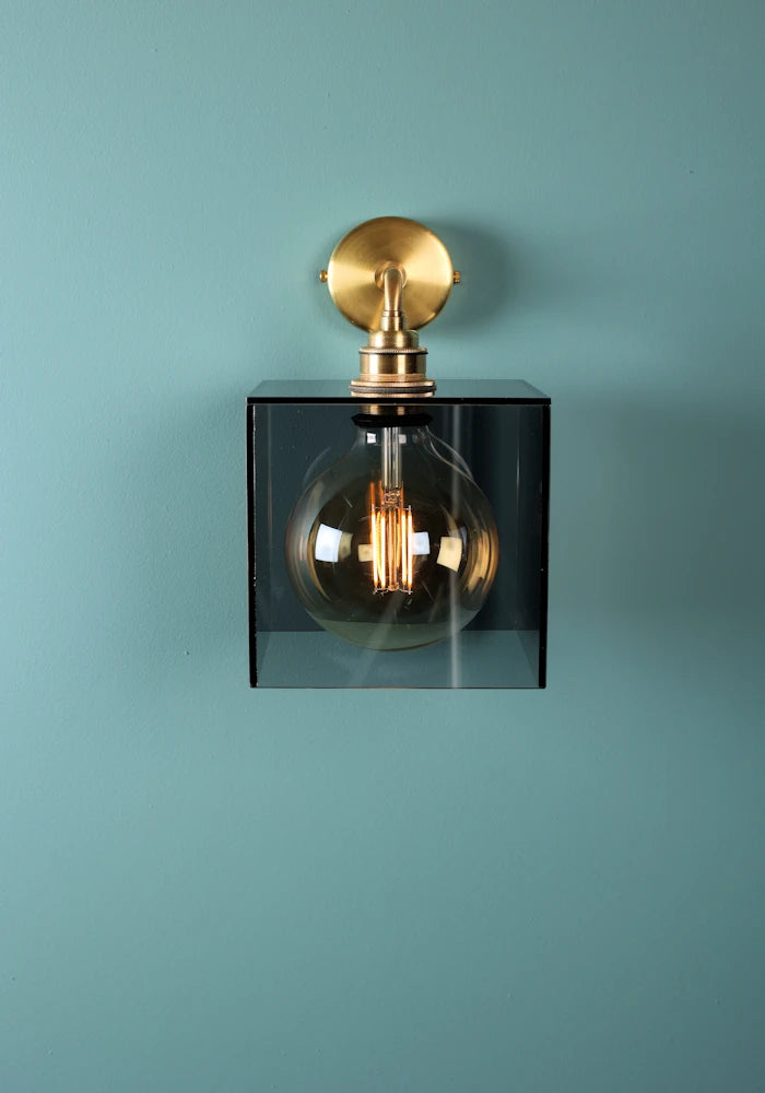 Elegant square smoked glass IP44 bathroom wall light with brass fixtures