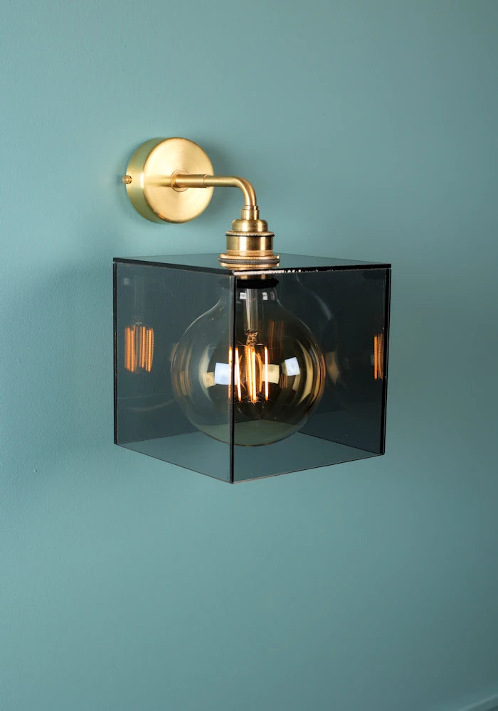 Elegant square smoked glass IP44 bathroom wall light with brass fixtures