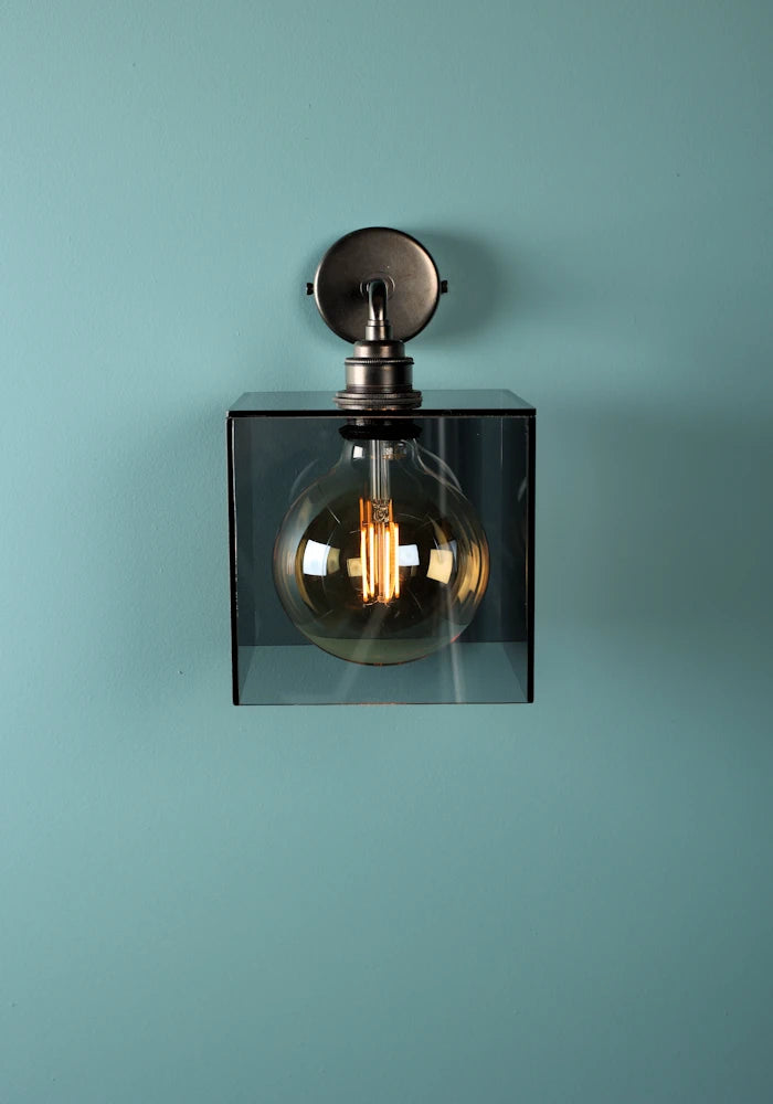 Elegant square smoked glass IP44 bathroom wall light with bronze fixtures
