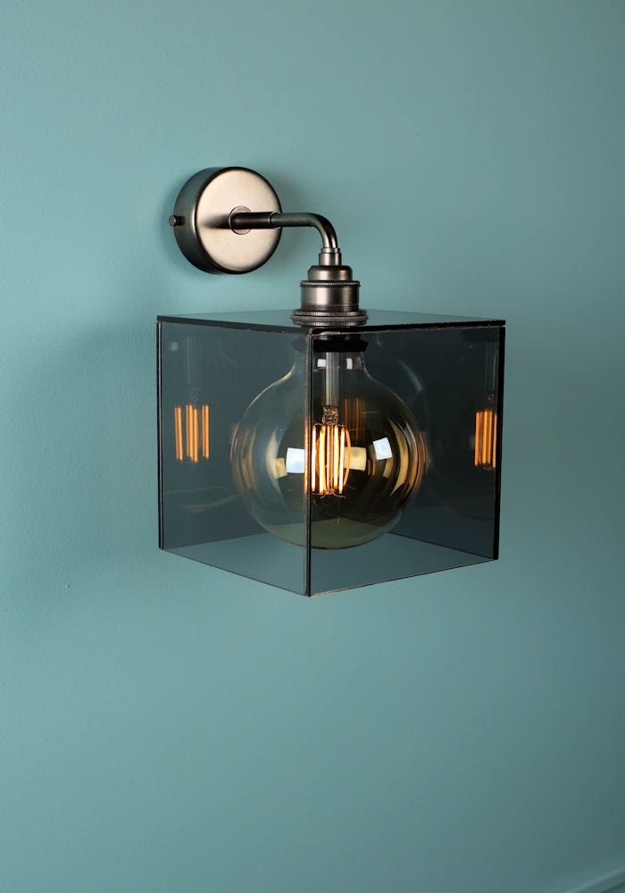 Elegant square smoked glass IP44 bathroom wall light with bronze fixtures