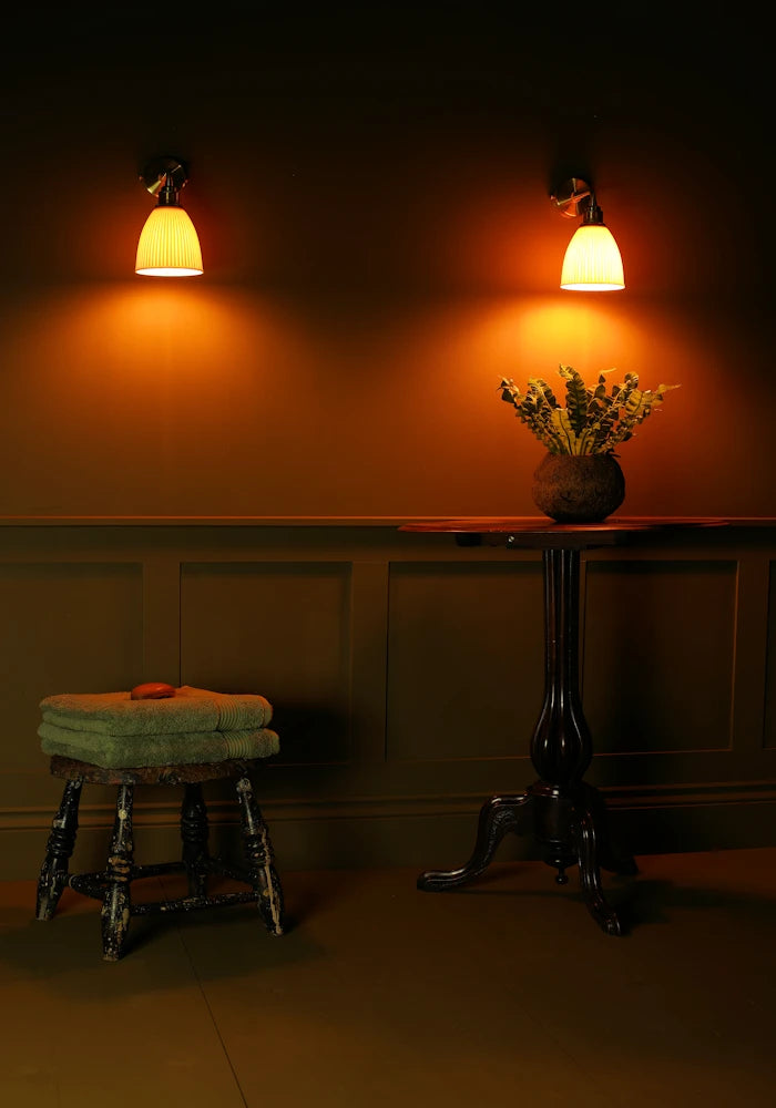 Elegant small ceramic IP44 bathroom wall light, bath towels, pot plant