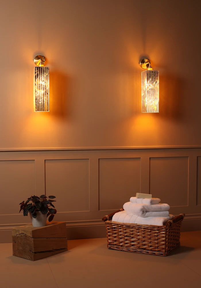 Elegant large ribbed glass ip44 gold leaf bathroom wall light, towels and bathroom decor