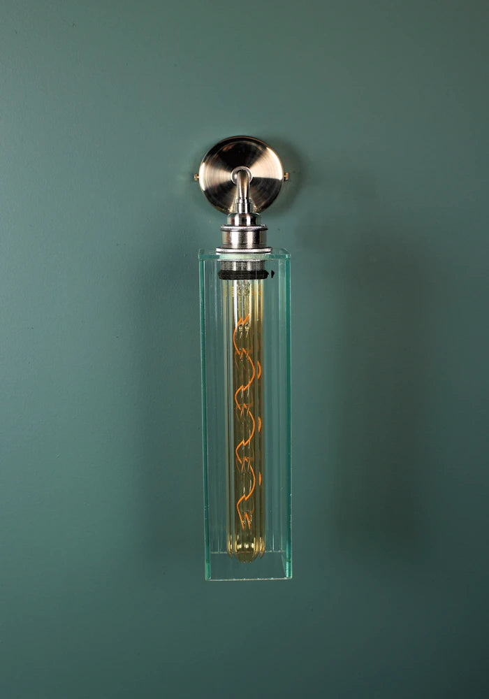 Elegant long fluted glass IP44 bathroom wall light with nickel fixtures