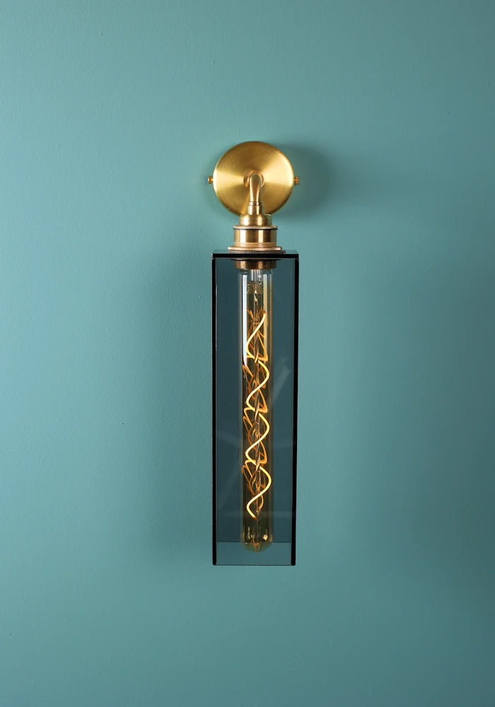 Elegant long smoked glass IP44 bathroom wall light with brass fixtures