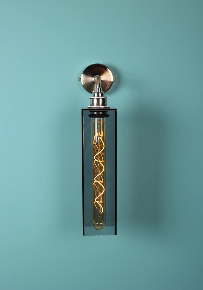 Elegant long smoked glass IP44 bathroom wall light with nickel fixtures