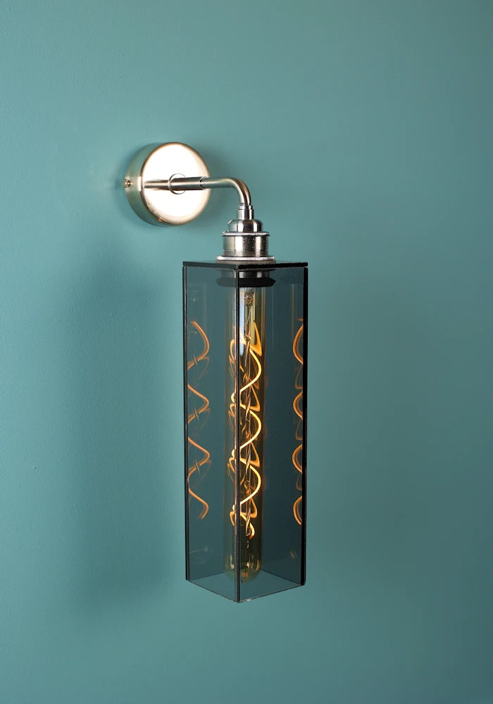 Elegant long smoked glass IP44 bathroom wall light with nickel fixtures