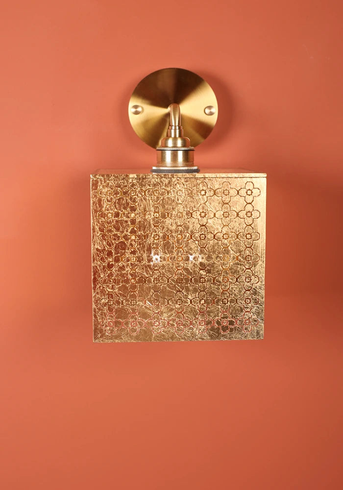 Elegant square Moroccan style gold IP44 bathroom wall light with brass fixture