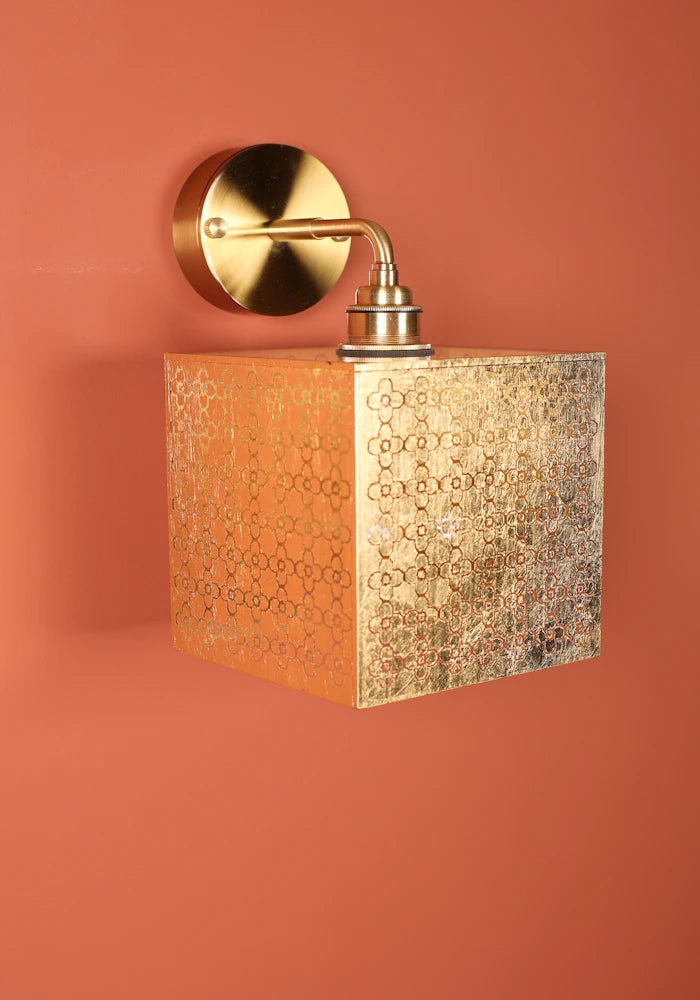 Elegant square Moroccan style gold IP44 bathroom wall light with brass fixture