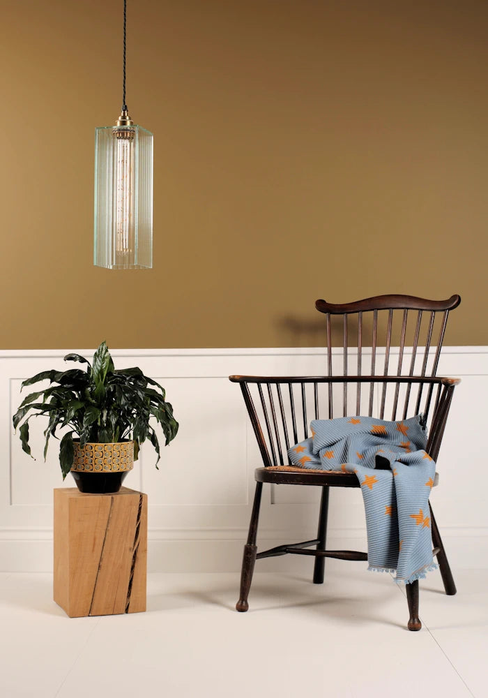 Chair with a blanket draped over it next to a plant on a wooden block against a beige wall.