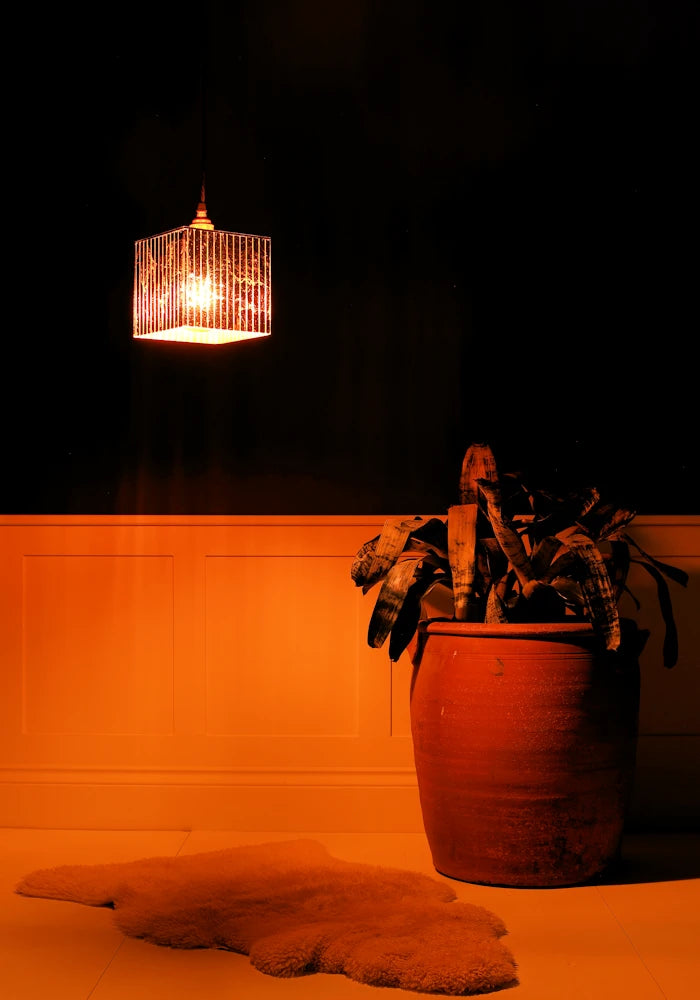 Square copper pendant light hanging over imitation fur rug, large terracotta plant pot in a dark room