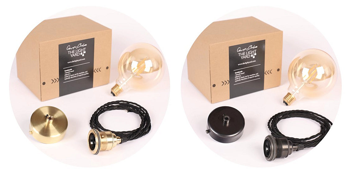 Pendant cord sets in bronze and brass with round light bulb and The Light Yard branded box