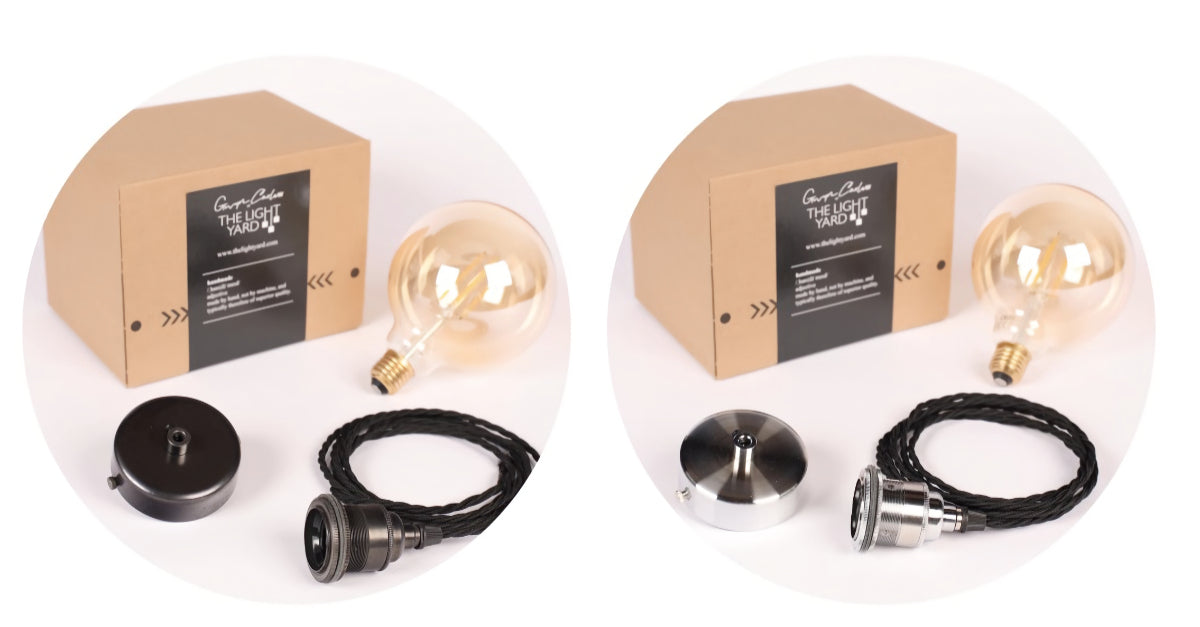 2 pendant cord sets, globe light bulbs, packaging box on white background