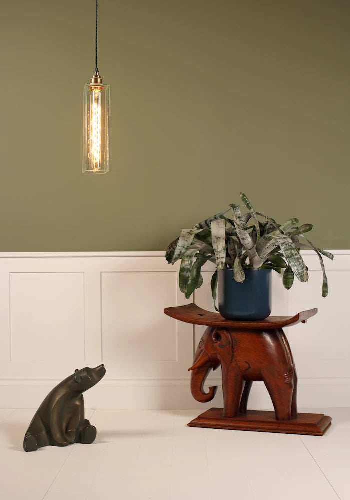 Elegant long clear glass pendant light hanging over small bear statue, wooden carved elephant with pot plant, on sage green and white background
