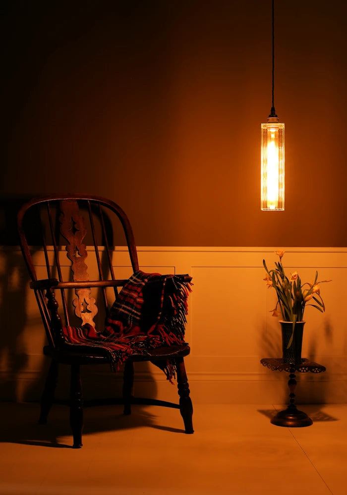 Vintage chair with a patterned cushion next to a small table with a plant, illuminated by a hanging light fixture.