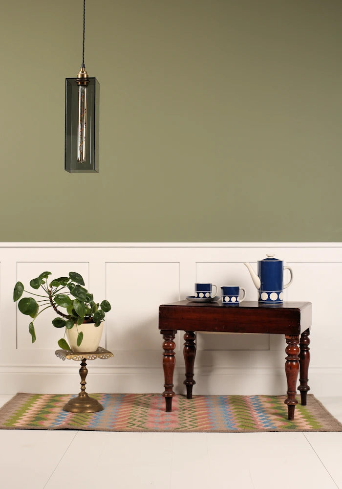 Mid size smoked glass pendant light, coffee table with pot, green plant with sage green background