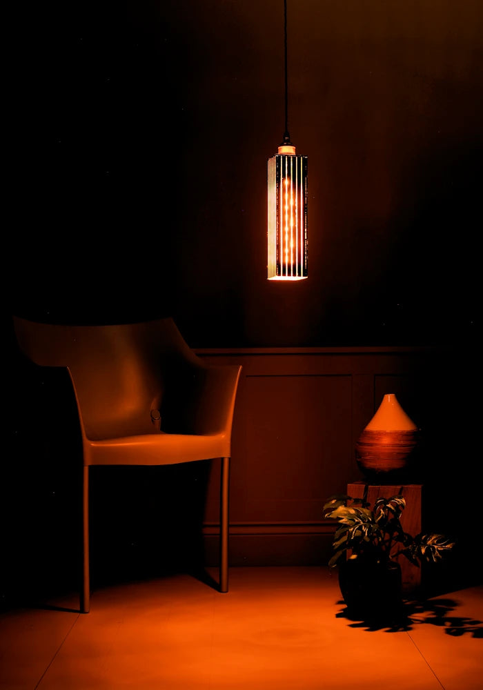 Dark room with a hanging light fixture casting a warm glow on a chair and plant.