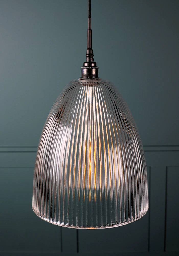 Large bell glass ribbed glass bathroom pendant light with antique bronze lamp holder