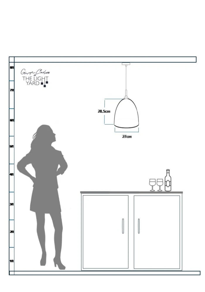 Diagram showing a woman's silhouette, a lamp, and a cabinet with measurements.