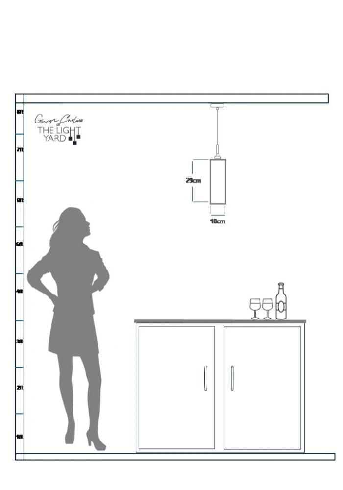 Diagram showing pendant light height measurement relative to a woman's silhouette and a bar counter.