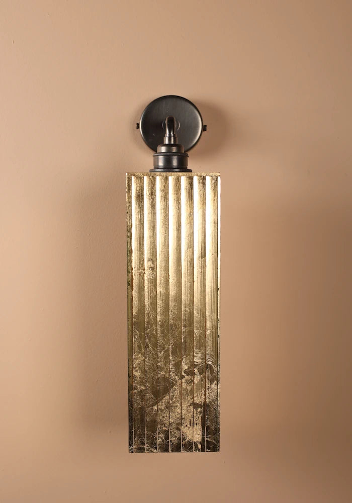 Elegant large ribbed glass ip44 gold leaf bathroom wall light close up with bronze wall plate