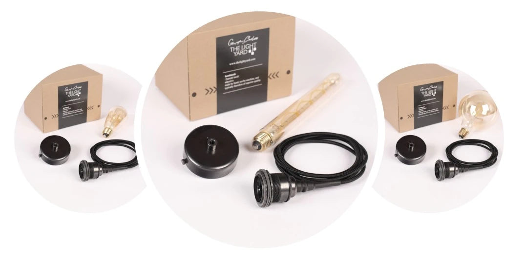 3 IP44 bathroom pendant cord sets, bronze ceiling roses with decorative light bulbs