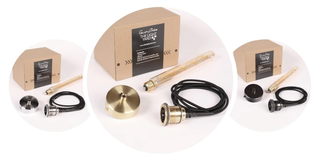 3 IP44 bathroom pendant cord sets, brass, bronze nickel ceiling roses, long led light bulb