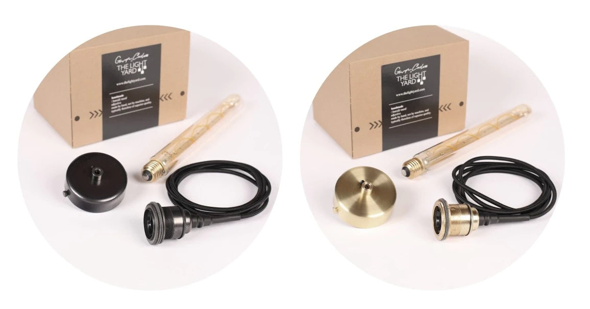 2 IP44 bathroom pendant cord sets, bronze, brass with ceiling roses and long decorative led light bulbs