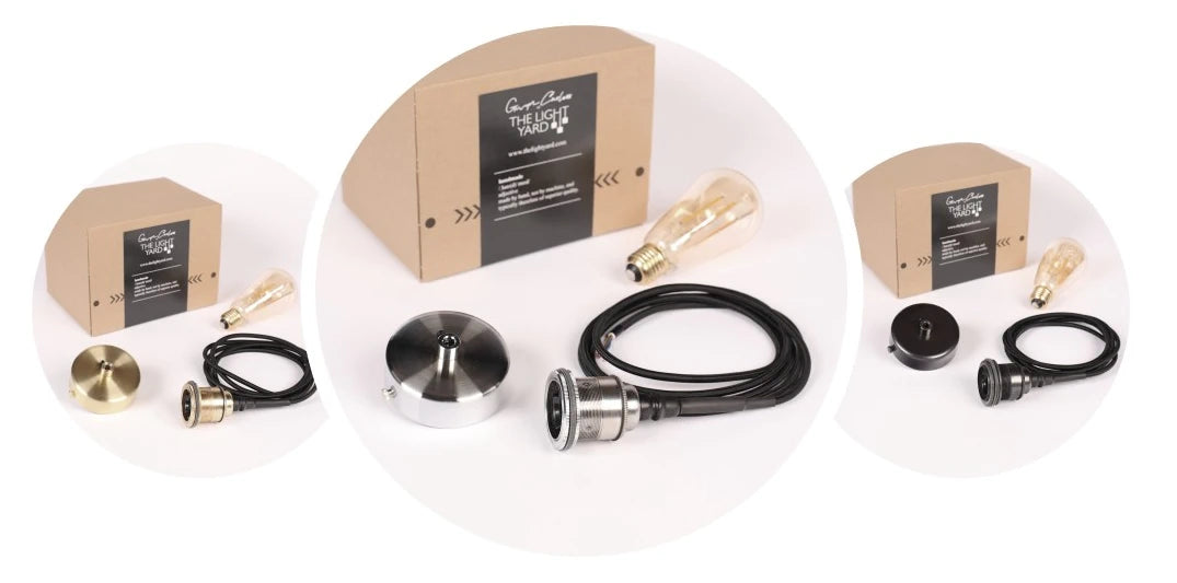 3 IP44 bathroom pendant cord sets, brass, bronze, nickel ceiling roses with decorative light bulbs