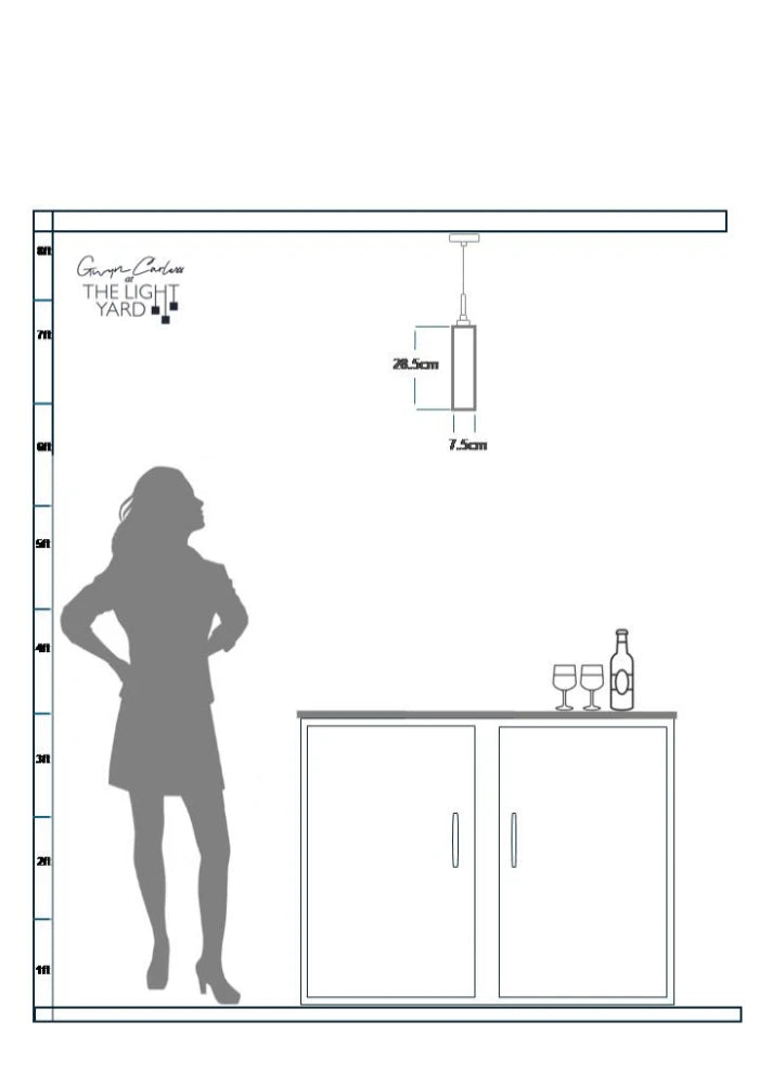 Diagram showing a person's silhouette, a cabinet, and a light fixture with measurements.