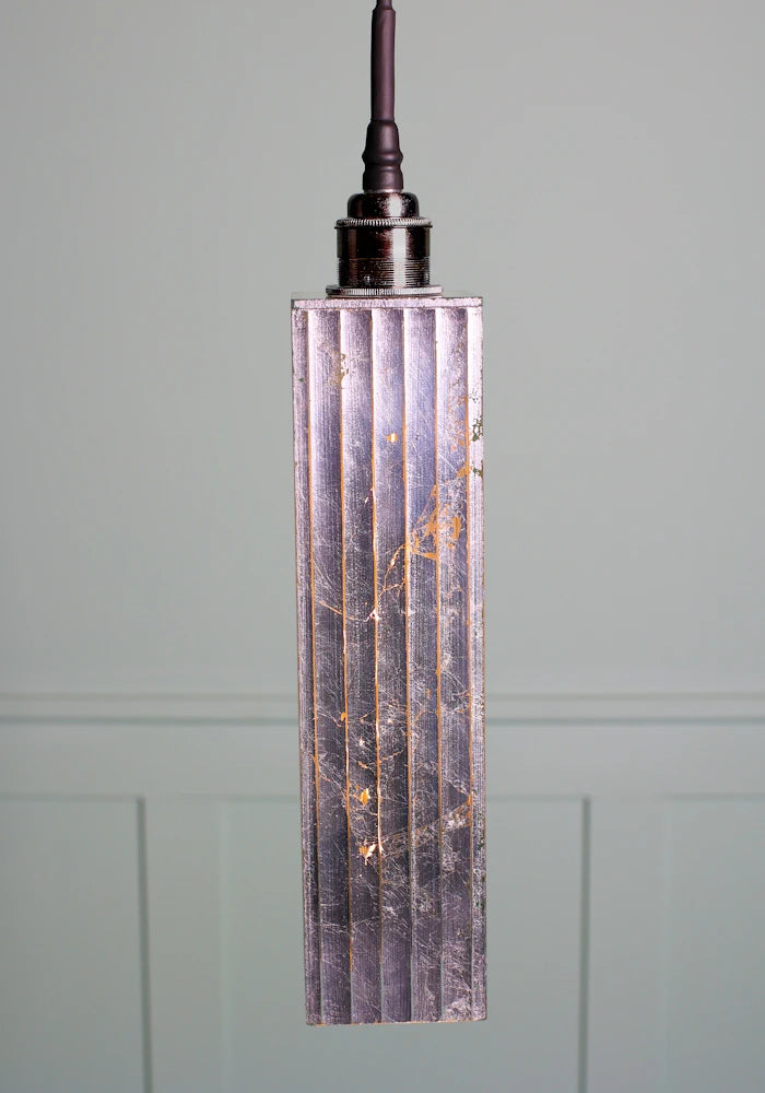 Long rectangular silver leaf bathroom pendant light with brushed nickel lamp holder.