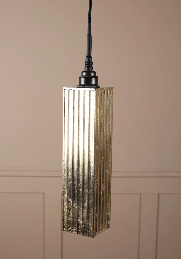 Long rectangular gold leaf bathroom pendant light with antique bronze lamp holder.