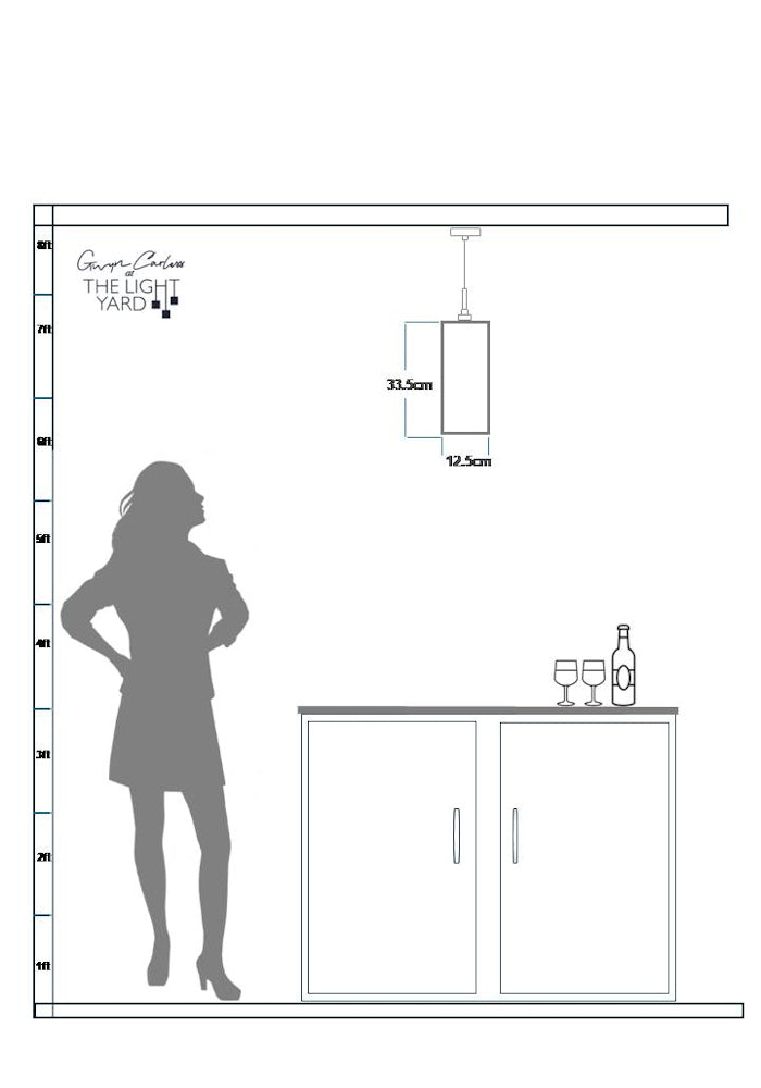 Drawing of silhouette woman looking up at large pendant light over kitchen units