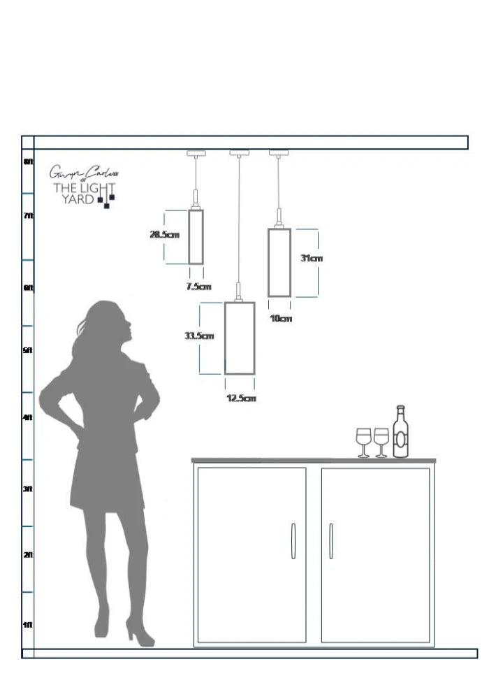 Diagram showing pendant light heights relative to a person and a cabinet.