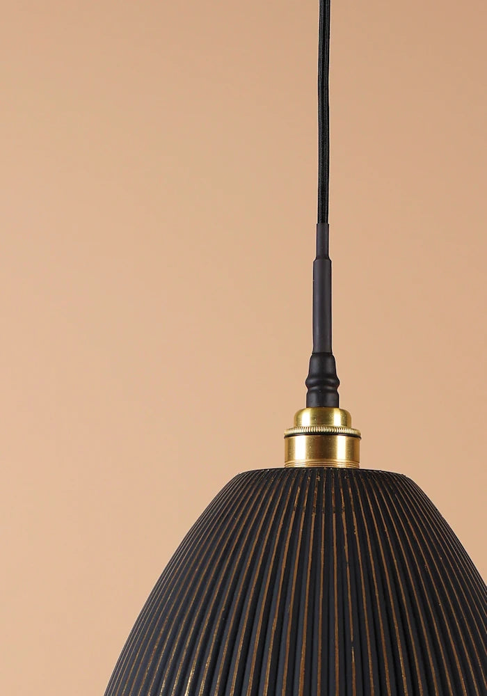 3 way cluster black and gold bell shaped ribbed glass bathroom pendant light with brushed brass lamp holder.