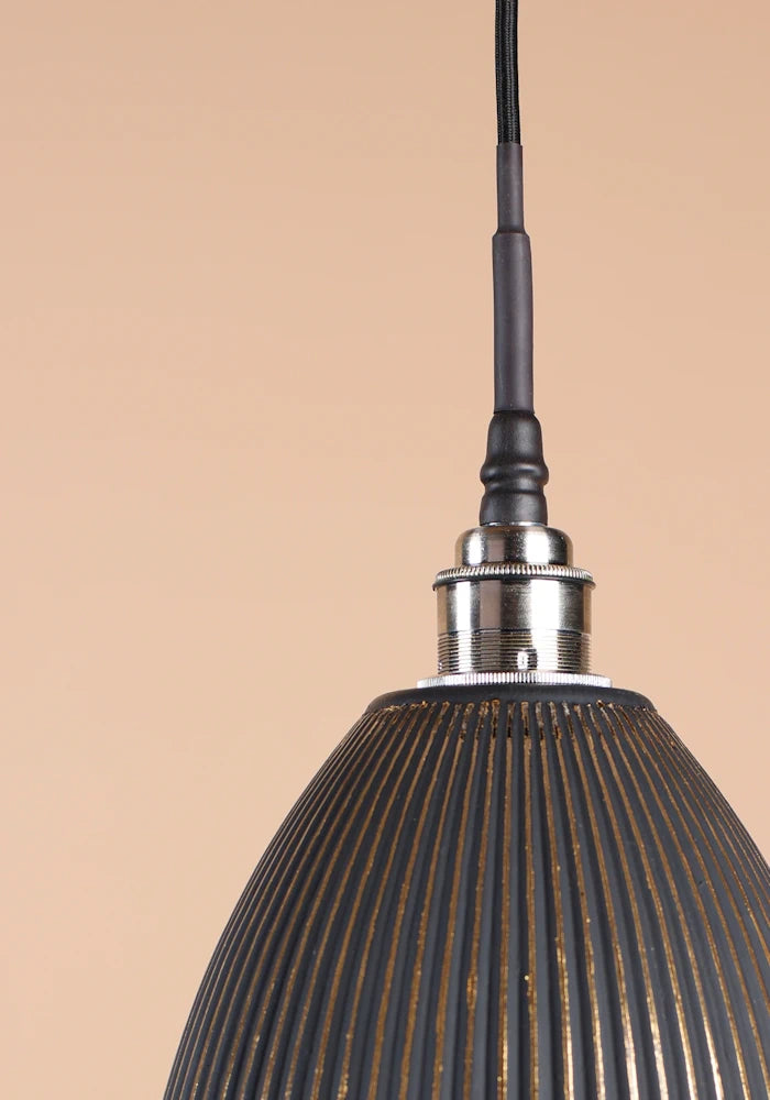 3 way cluster black and gold bell shaped ribbed glass bathroom pendant light with brushed nickel lamp holder.