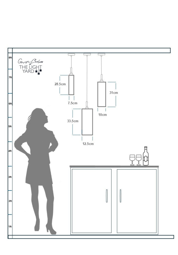 Diagram showing pendant light heights relative to a person and a cabinet.
