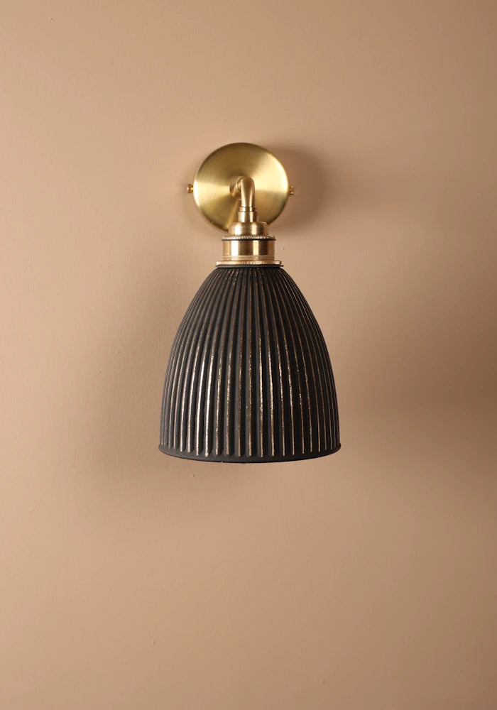 Elegant small bell fluted glass IP44 bathroom wall light with brass fixtures