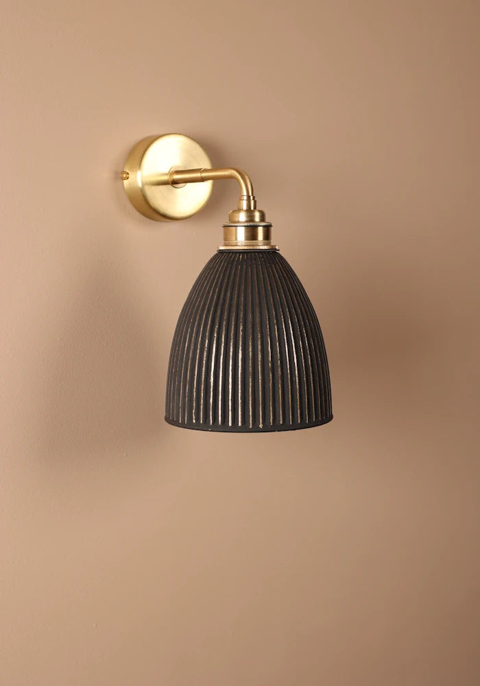 Elegant small bell fluted glass IP44 bathroom wall light with brass fixtures