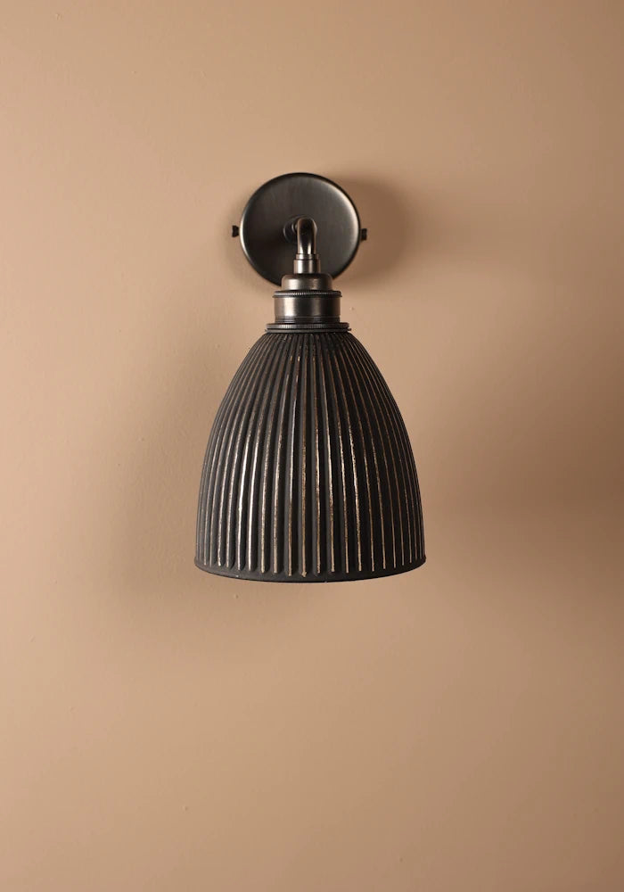 Elegant small bell fluted glass IP44 bathroom wall light with bronze fixtures