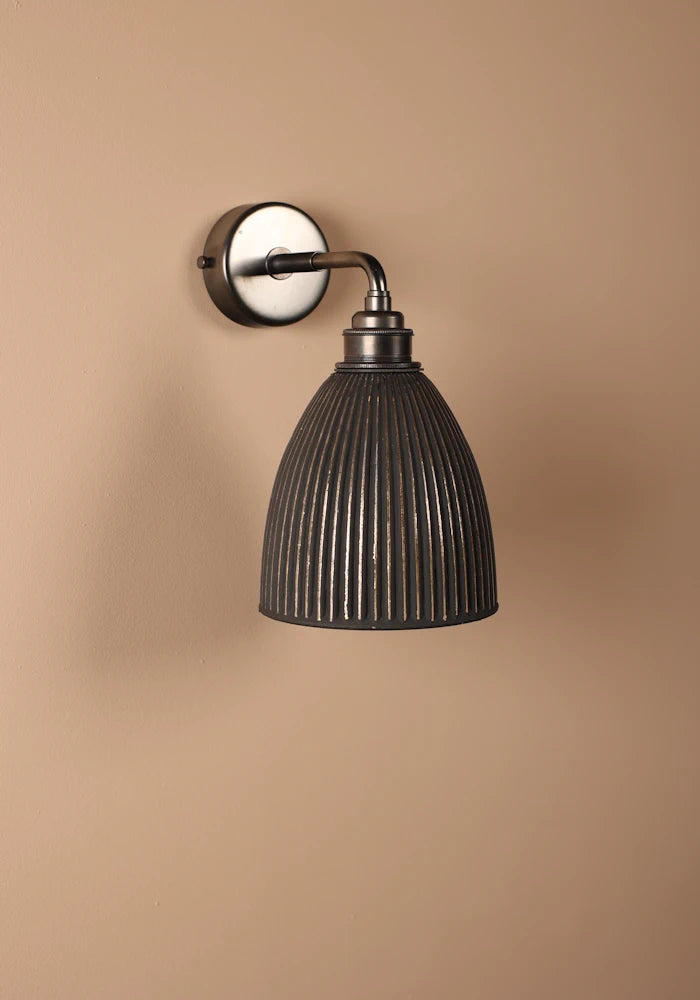 Elegant small bell fluted glass IP44 bathroom wall light with bronze fixtures