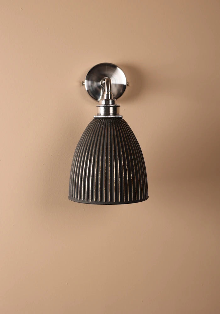 Elegant small bell fluted glass IP44 bathroom wall light with nickel fixtures