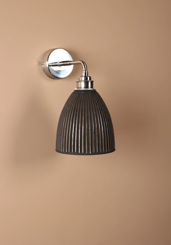 Elegant small bell fluted glass IP44 bathroom wall light with nickel fixtures