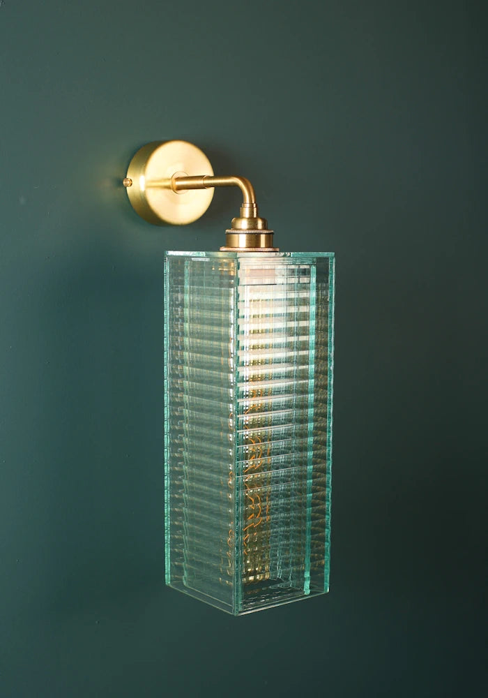 Elegant fluted art deco glass IP44 bathroom wall light with brass  fixtures