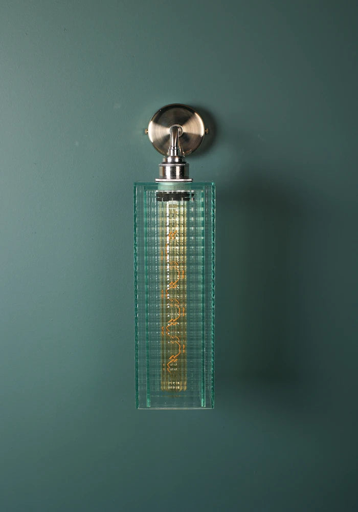 Elegant fluted art deco glass IP44 bathroom wall light with nickel fixtures