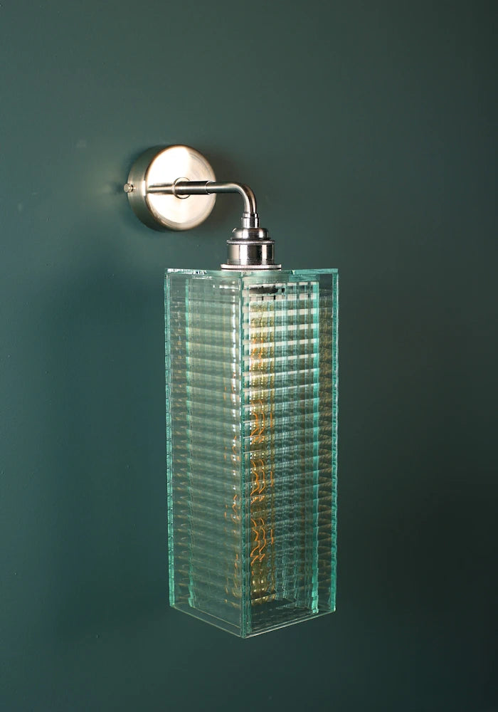 Elegant fluted art deco glass IP44 bathroom wall light with nickel fixtures