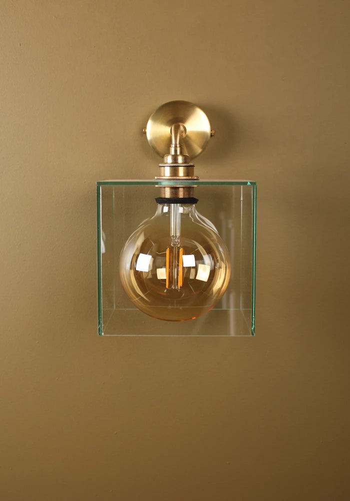 Elegant square glass IP44 bathroom wall light with brass fixtures 