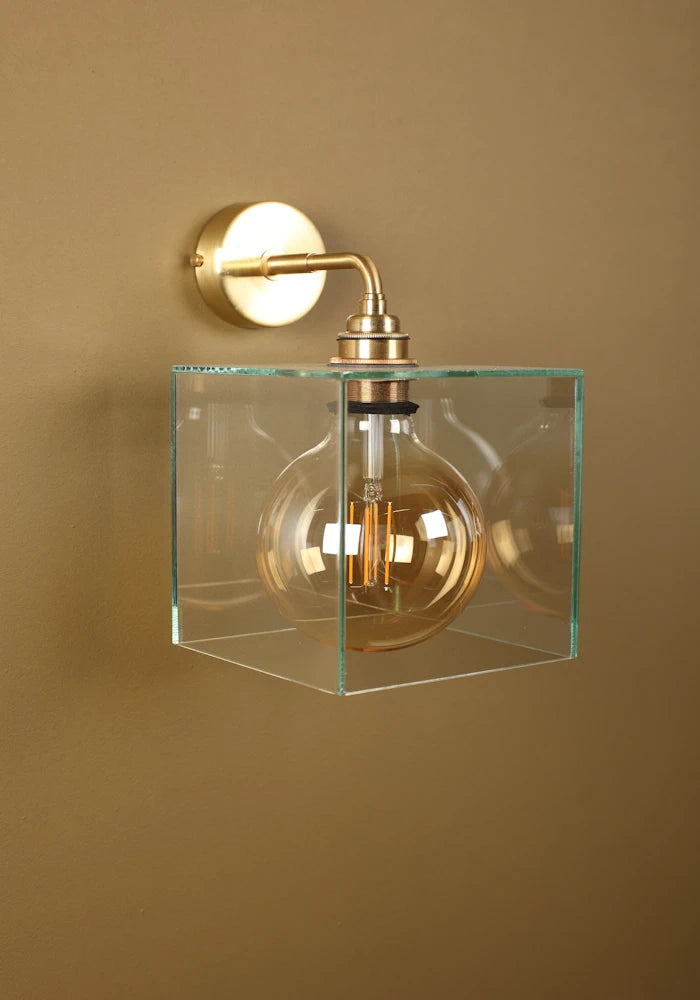 Elegant square glass IP44 bathroom wall light with brass fixtures 