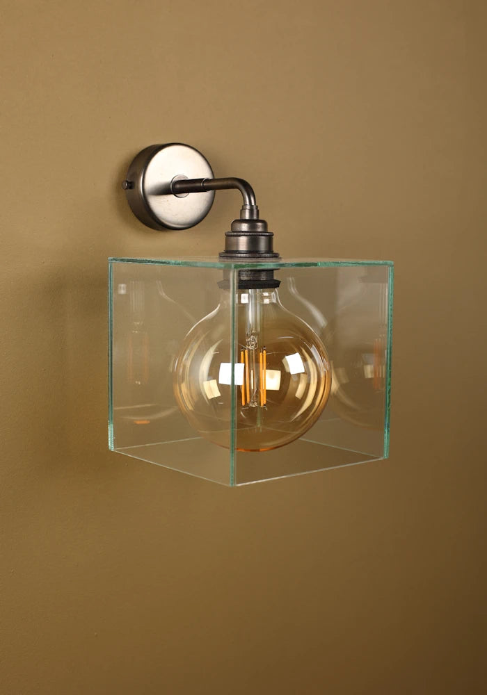 Elegant square glass IP44 bathroom wall light with bronze fixtures 