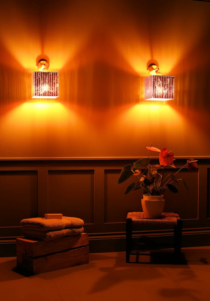 Elegant square copper IP44 bathroom wall lights, bath towels, exotic pot plant