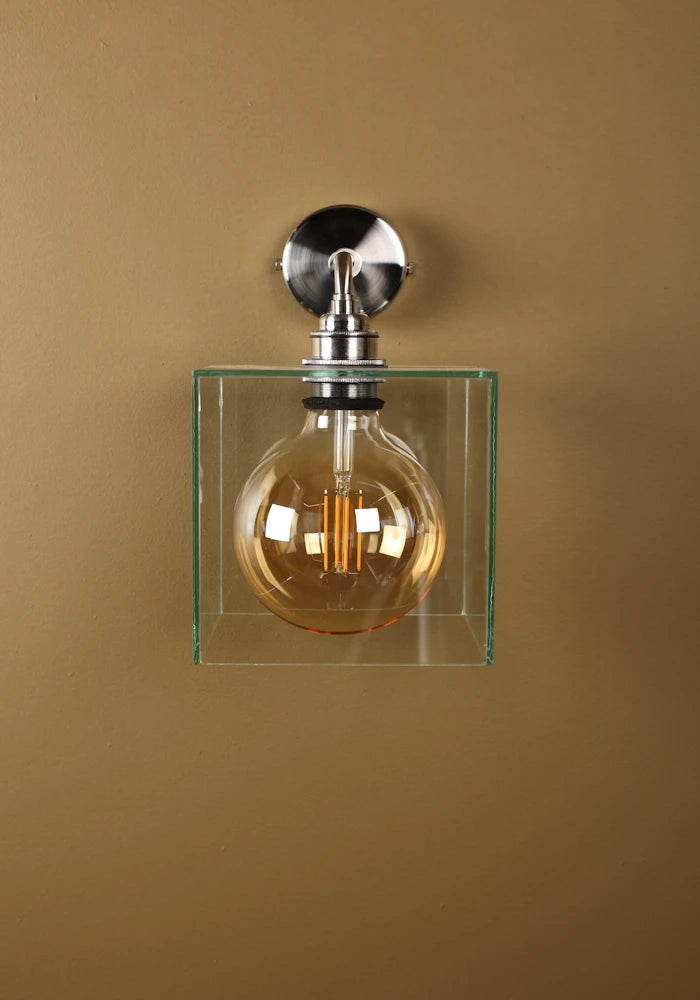 Elegant square glass IP44 bathroom wall light with nickel fixtures 